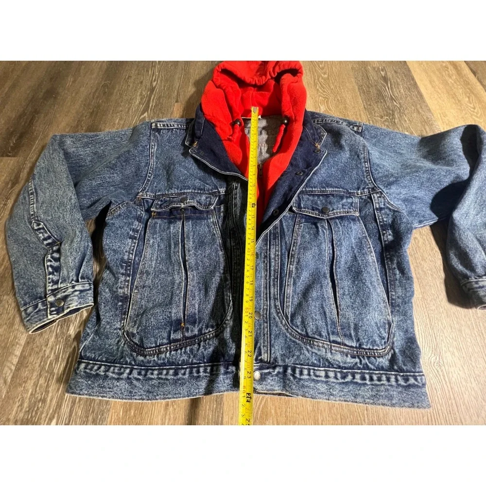 Urban Equipment Denim Jacket Mens XL Blue Red Hooded Acid Wash 90s Vintage